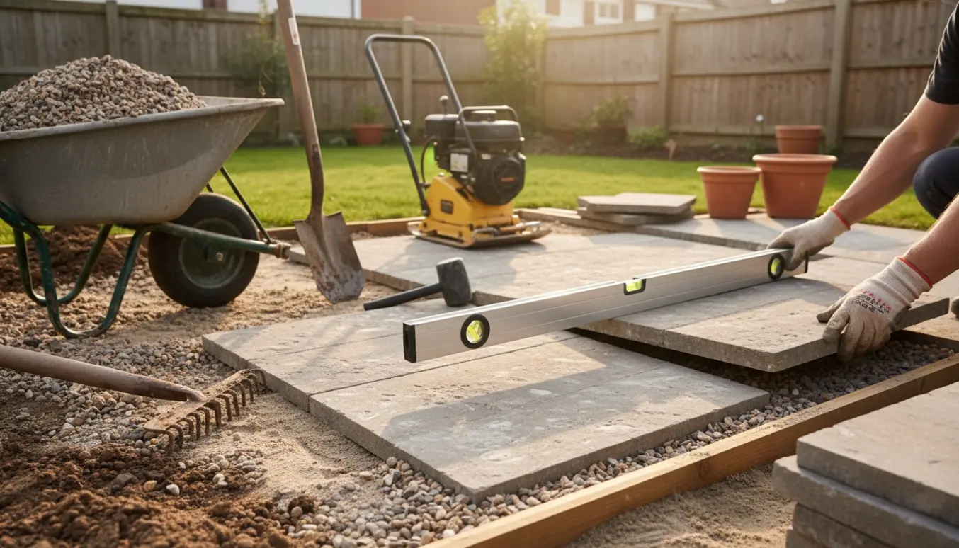 Hænder lægger fliser på en ny terrasse med grus, sand og værktøj i en solbeskinnet have.