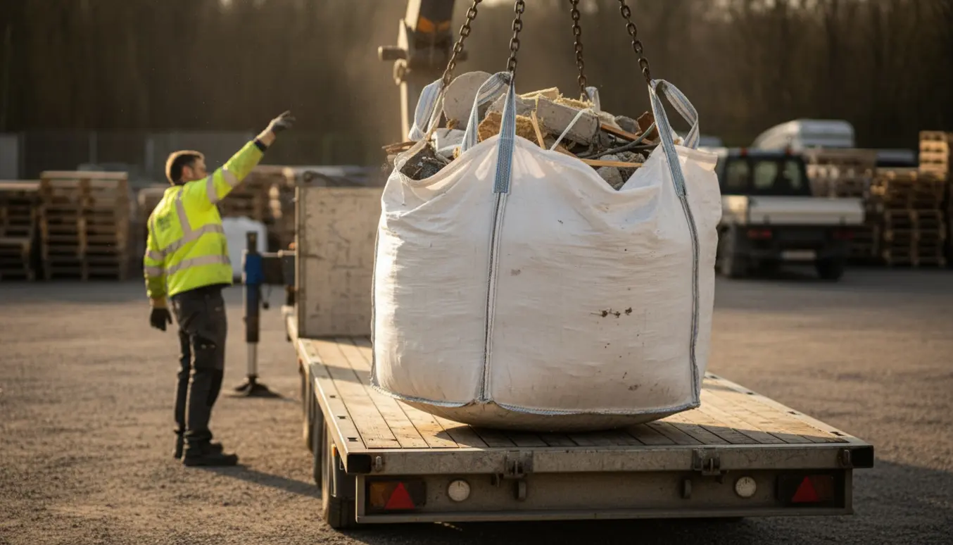 En kran løfter en stor fyldt junkbag over en anhænger mens en arbejder i signalvest guider den.
