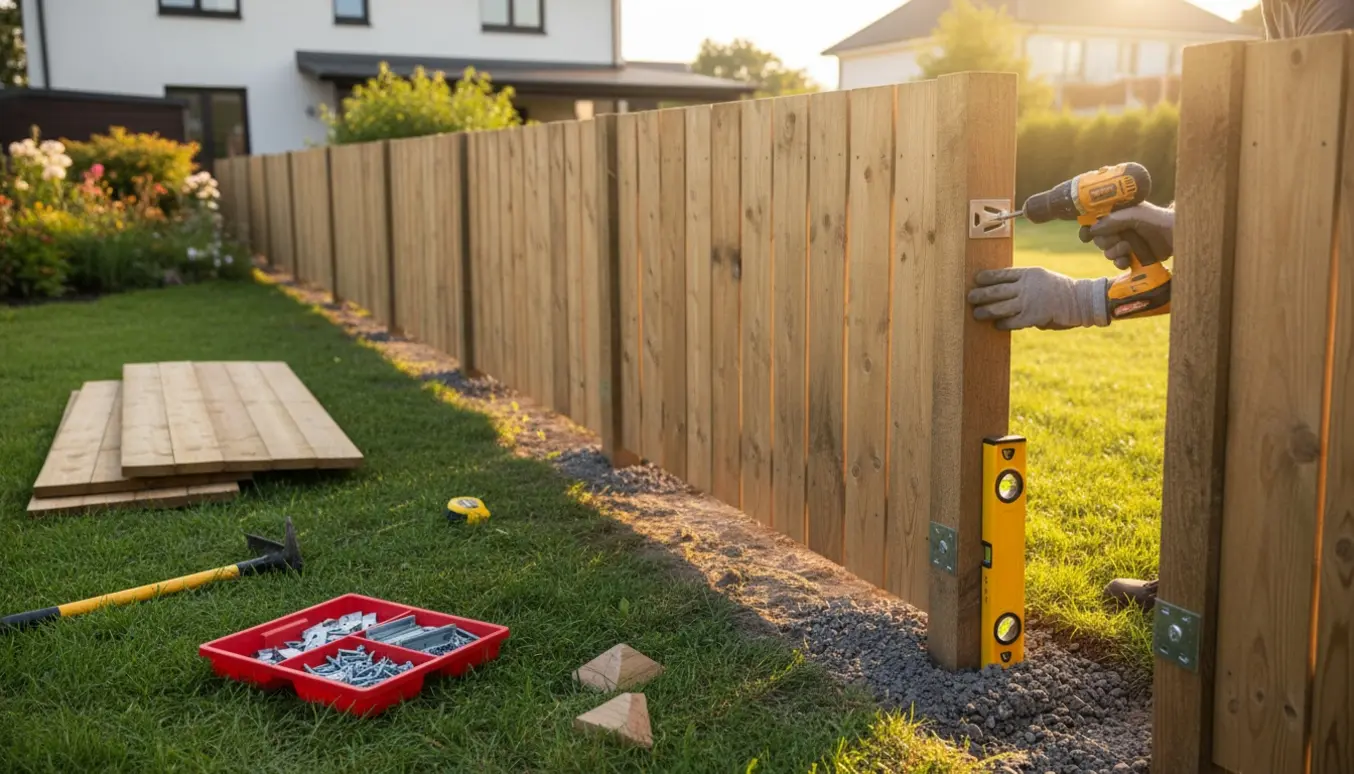 Montering af træhegn i have med paneler, stolper og beslag under opsætning.
