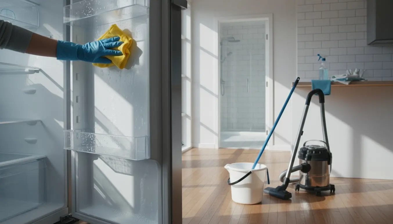 Åben lejlighed rengøres med handske, moppe, støvsuger og en hånd, der aftørrer køleskabets hylder.