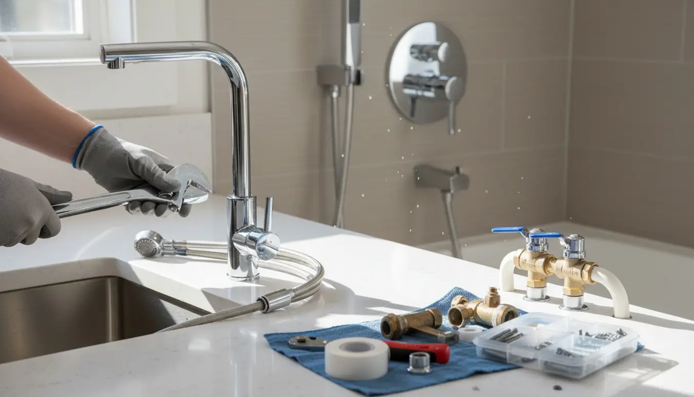 Montør monterer krom brusetermostat og køkkenarmatur med værktøj og nye kuglehaner.