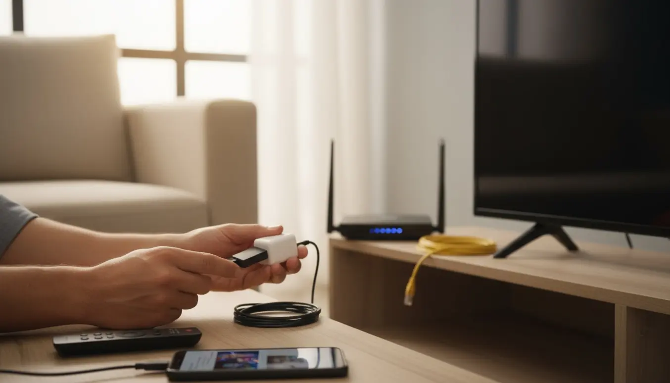 Hænder tilslutter en streaming-dongle til et tv med en ny router i baggrunden.