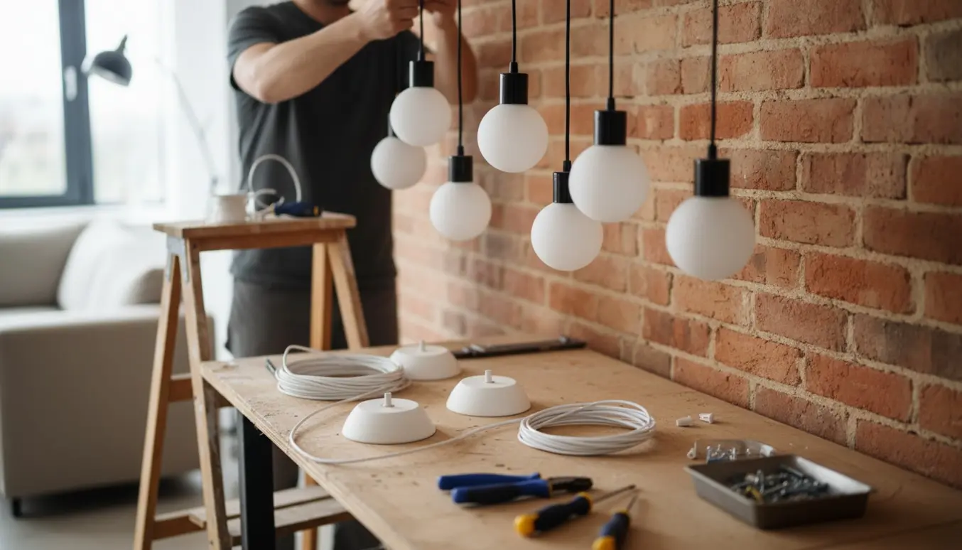 Cirka syv loftslamper monteres ved en murstensvæg med hvid ledning og hvide rosetter.