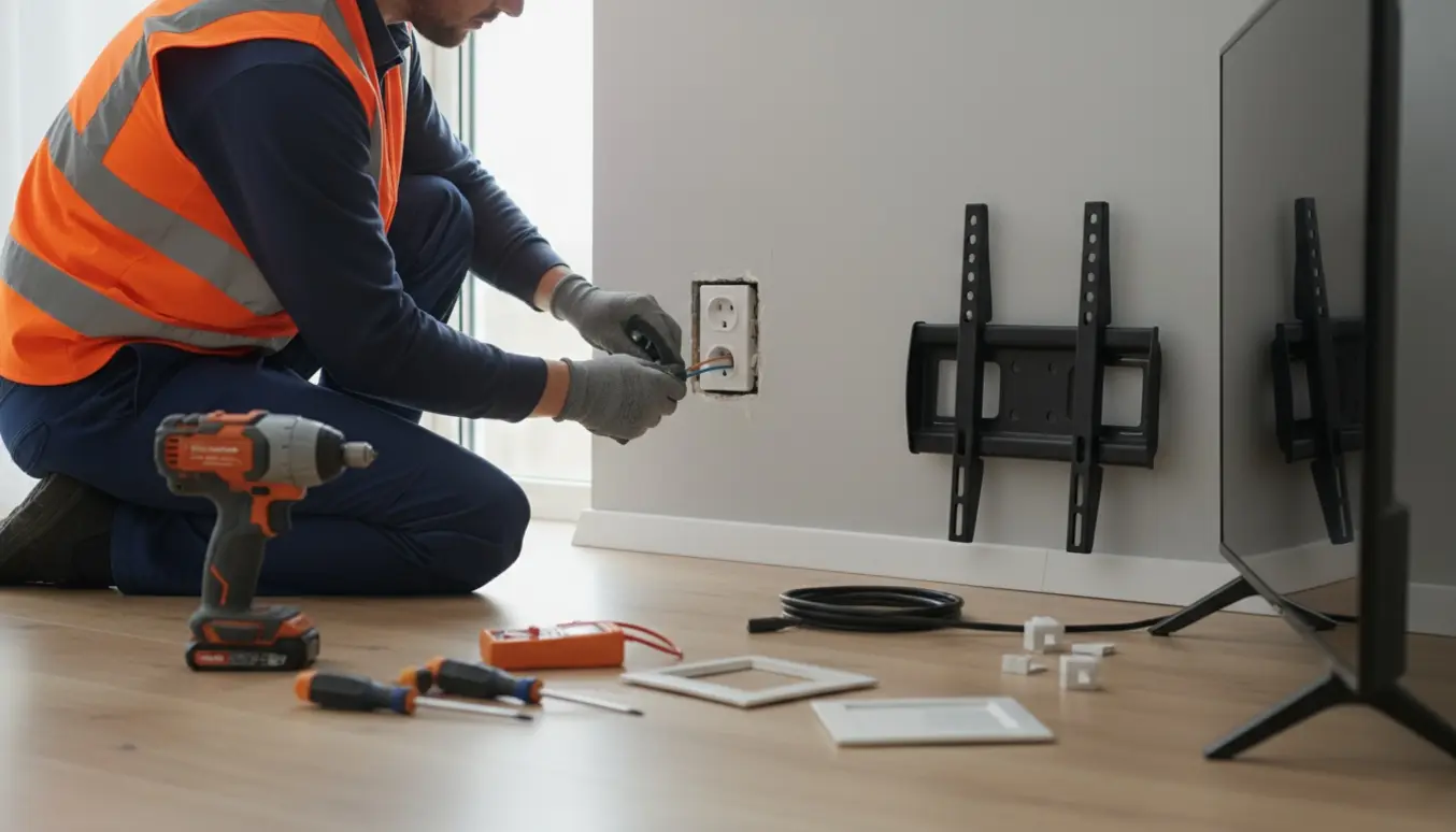 Autoriseret elektriker installerer en hvid stikkontakt i en stuevæg til et nyt TV.