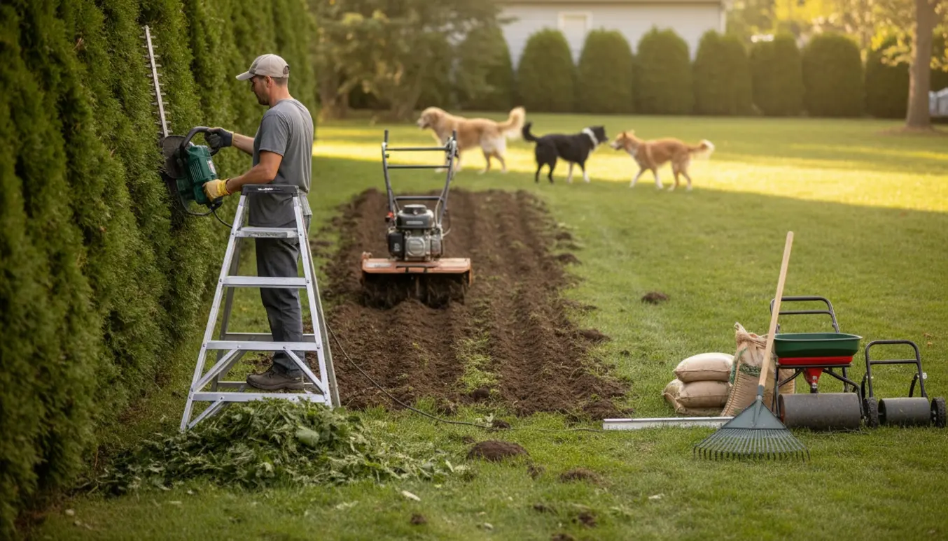 Hæk bliver beskåret fra en stige, jord fræses op og værktøj står klar til anlæg af ny græsplæne.