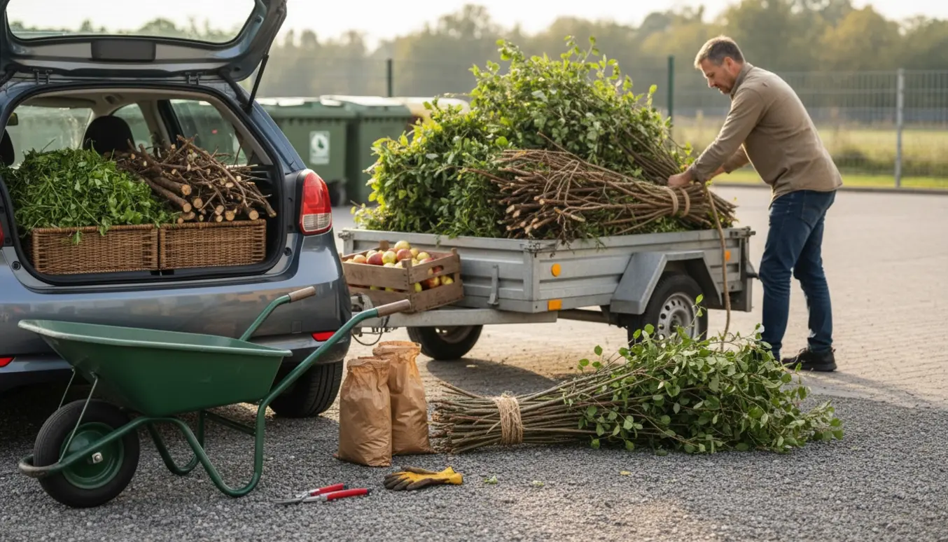 Bil og trailer læsset med hækafklip og nedfaldne æbler ved genbrugspladsen.
