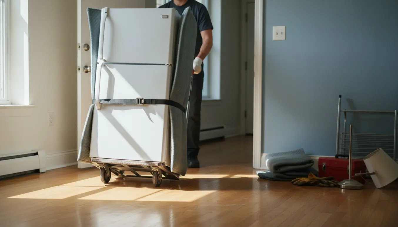 Et brugt køleskab på en trillebør bæres ud af en stuelejlighed med beskyttelsestæpper og arbejdshandsker synlige.