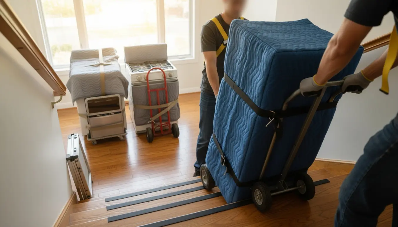 To personer transporterer et indpakket køleskab ned ad en trappe fra 2. sal med sækkevogn og flyttebetræk.