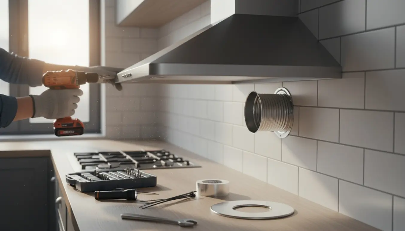 Nærbillede af afmontering af en rustfri emhætte, hænder med handsker løsner skruer ved en synlig ventilationskanal.