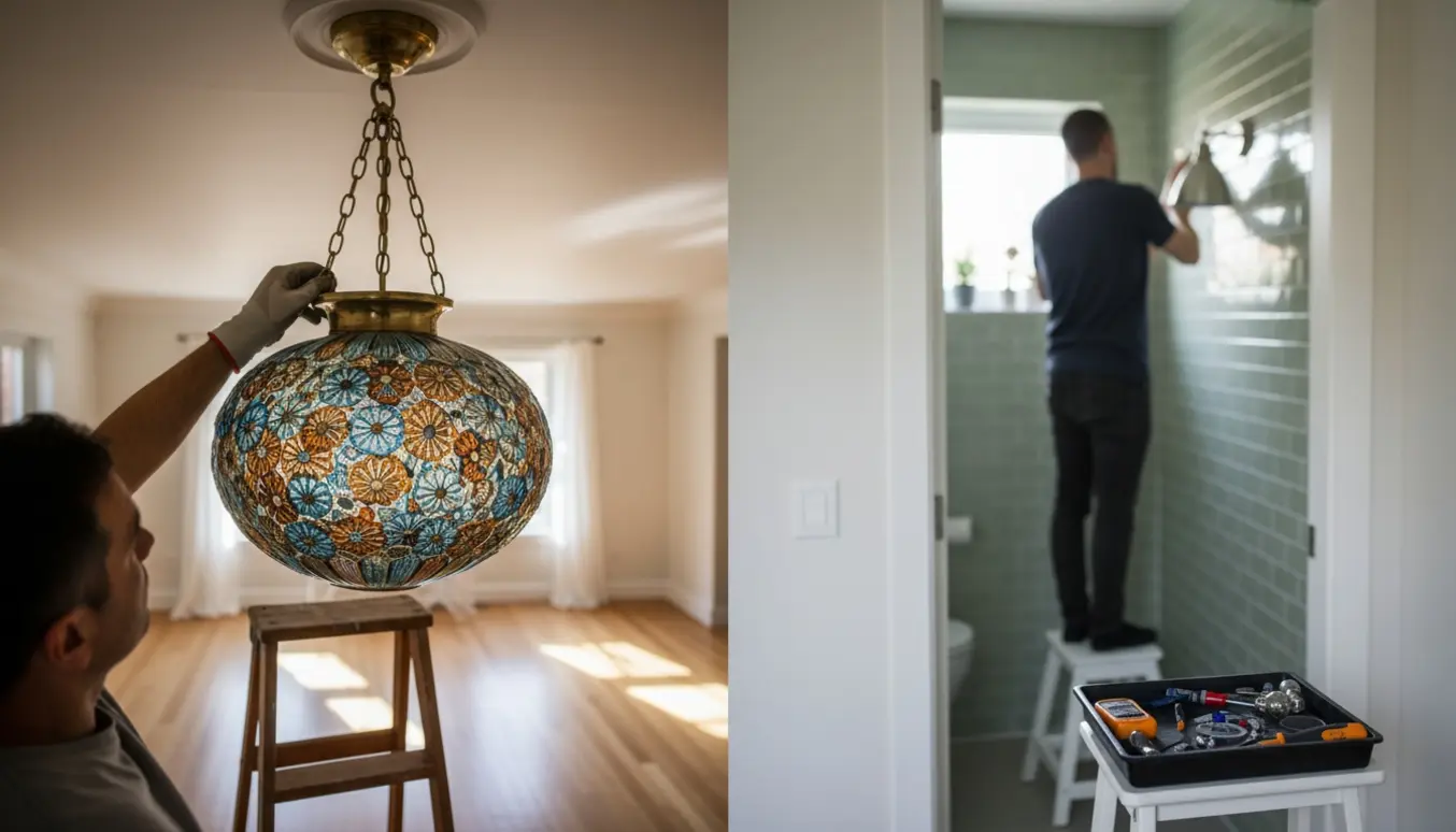 Vintage Murano-pendel hænges i stuen, mens en ny lampe monteres på badeværelset.