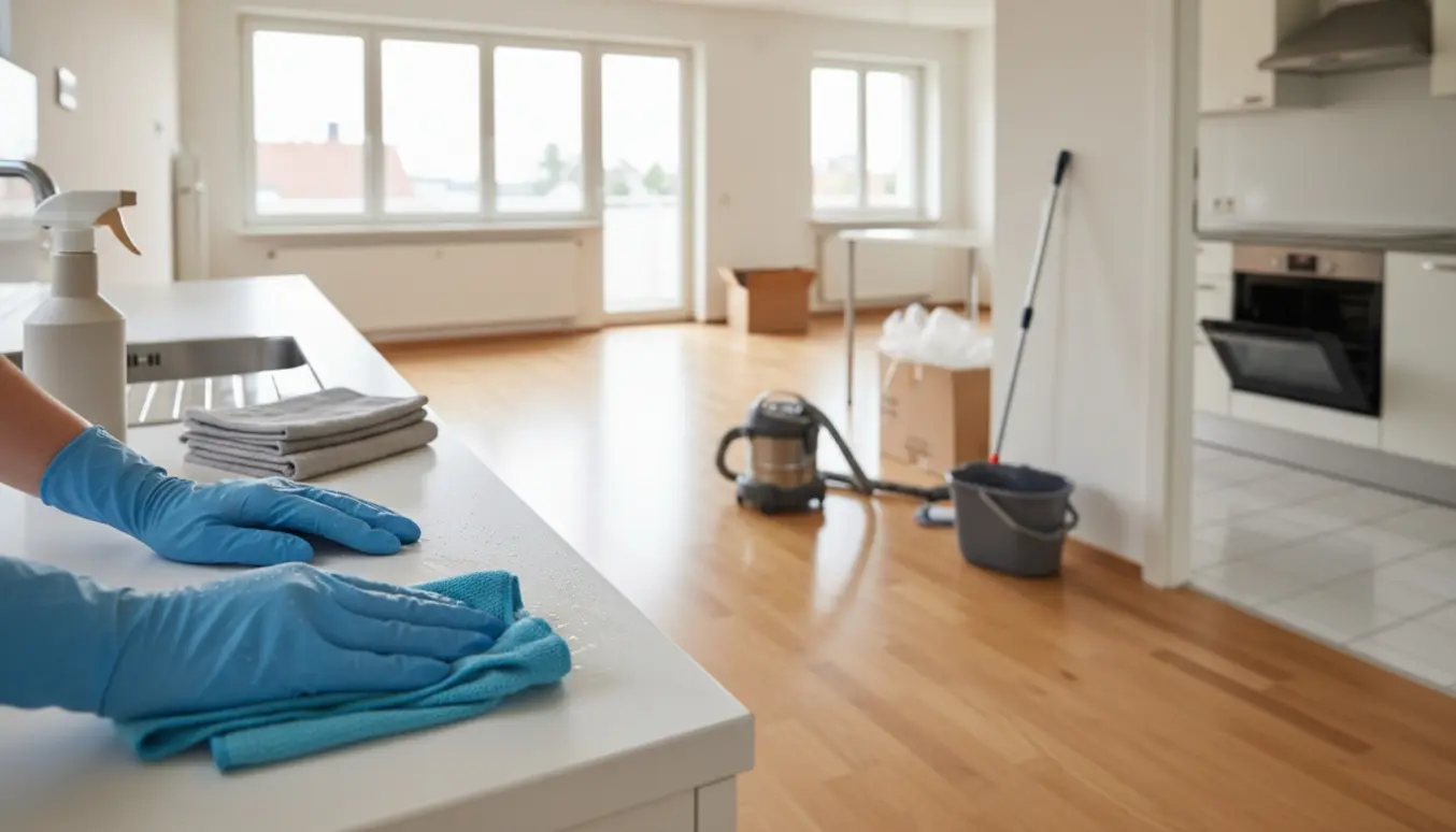 Hænder i handsker pudser vindueskarmen i en lys, nyvasket lejlighed klar til fraflytning.