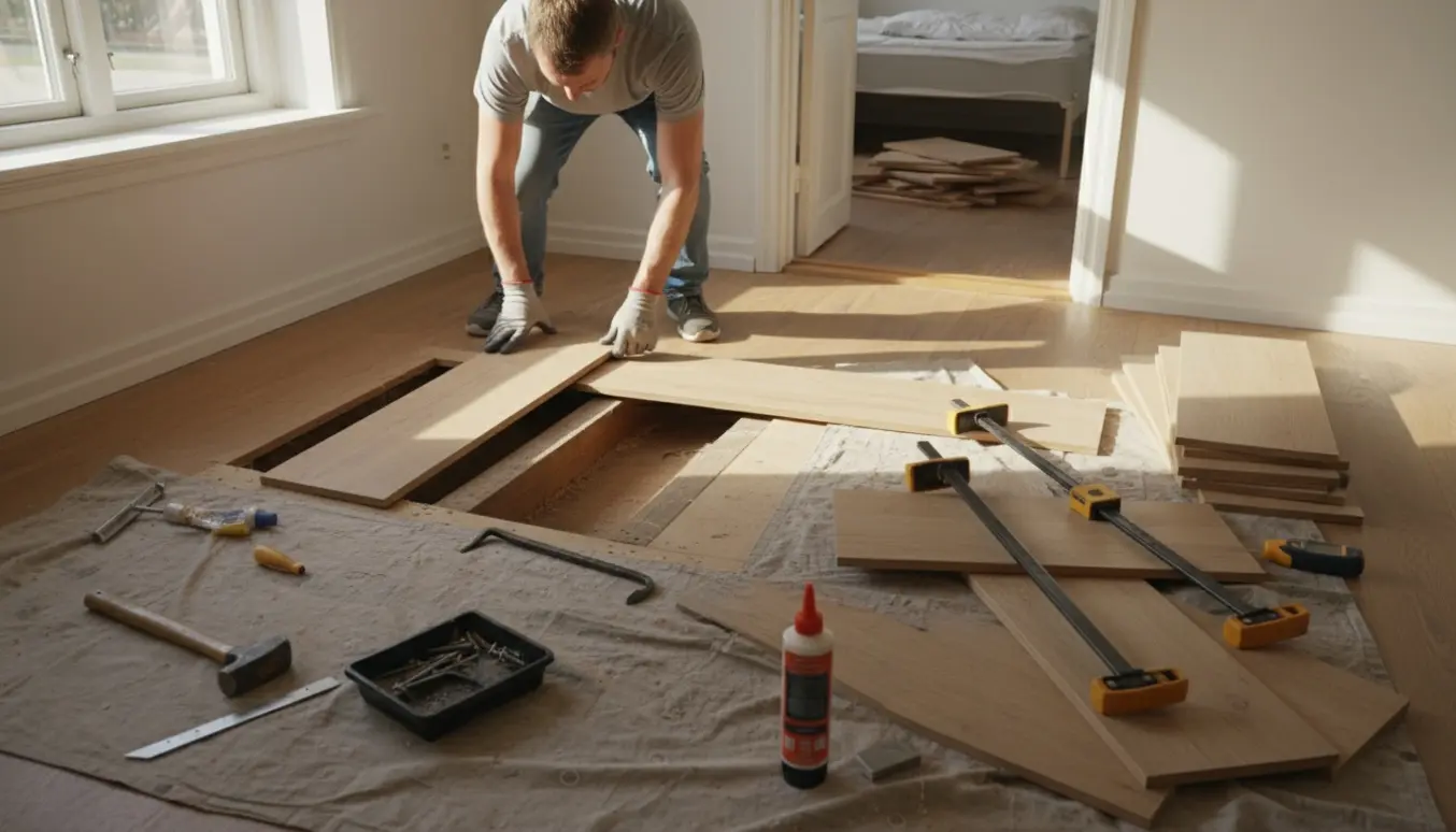 Udsnit af stuegulv med fjernede brædder, eksponeret spær og værktøj til reparation.