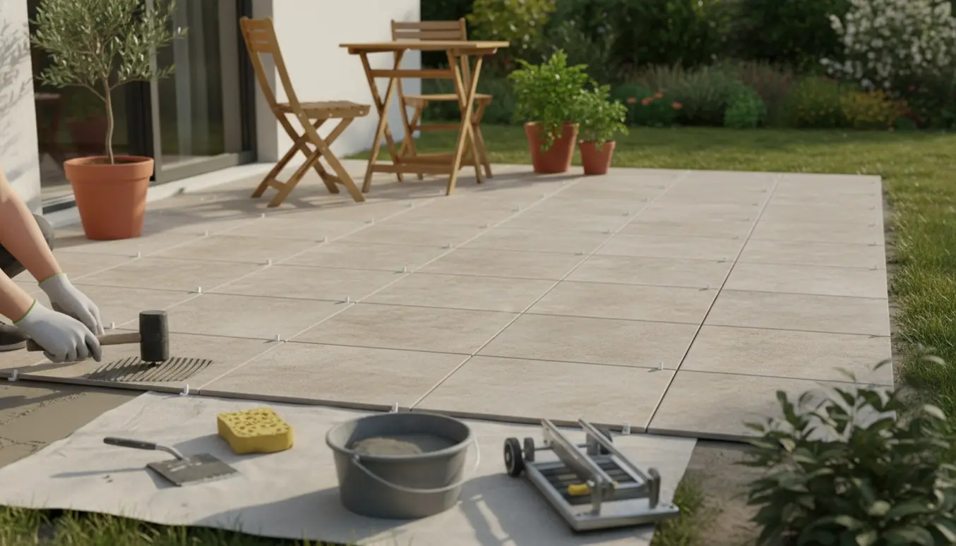 Soloplyst terrasse med 30x30 cm fliser under lægning, værktøj og potteplanter.