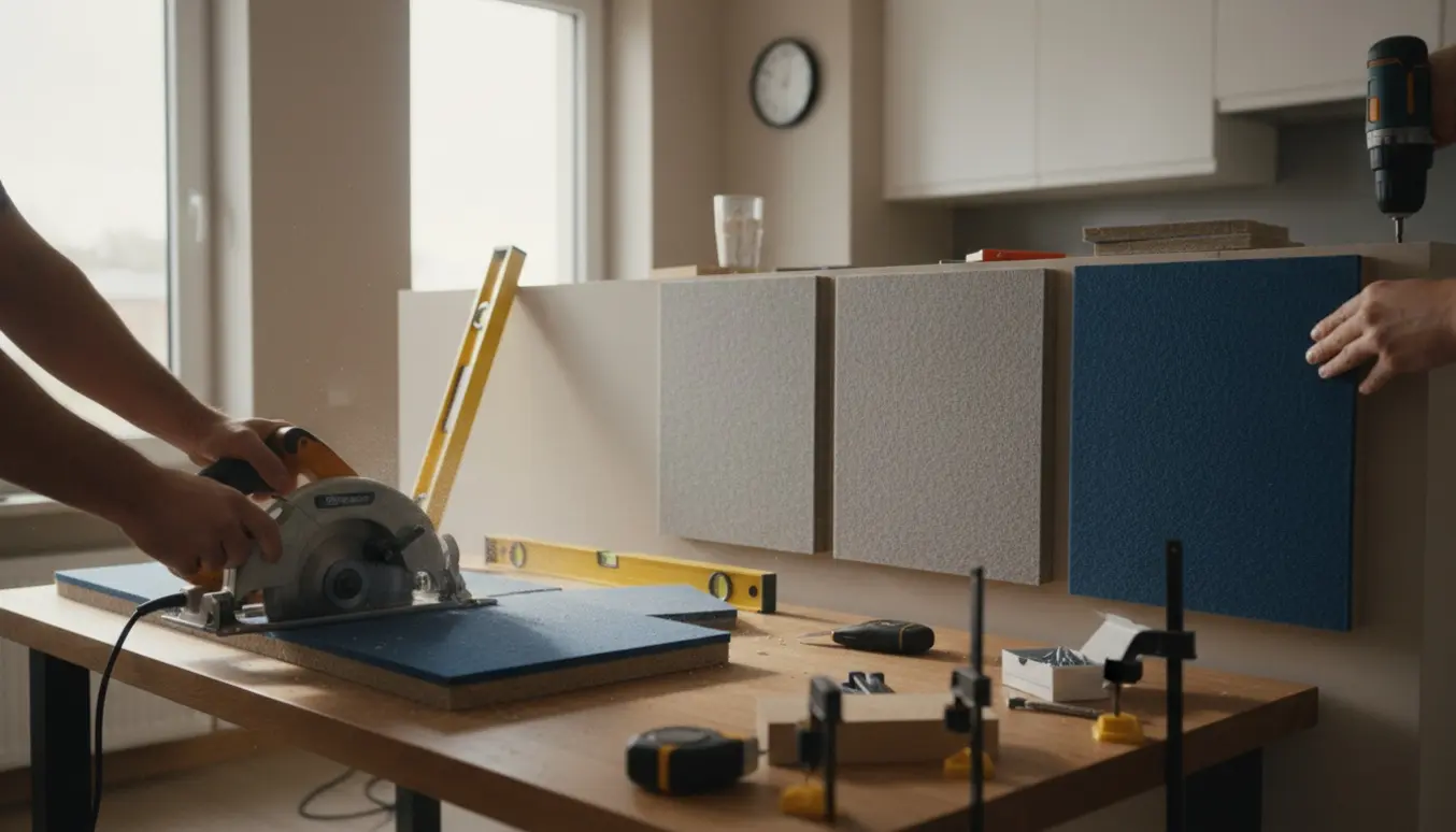 Arbejdshænder skærer et akustikpanel ved en køkkenvæg med opsatte paneler og værktøj på bordet.