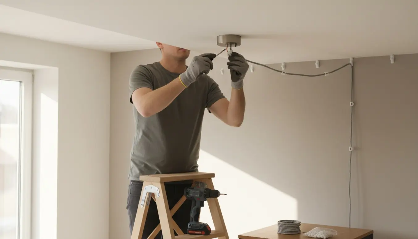 Nærbillede af hænder, der monterer en loftslampe og fastgør kablet pænt med klips.