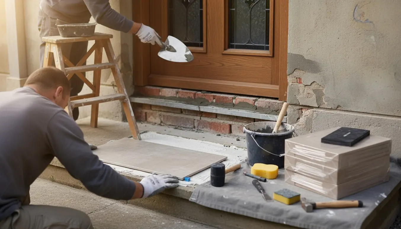 Nærbillede af murer, der udbedrer sætningsskade over hoveddør og sætter flise på hovedtrappen.