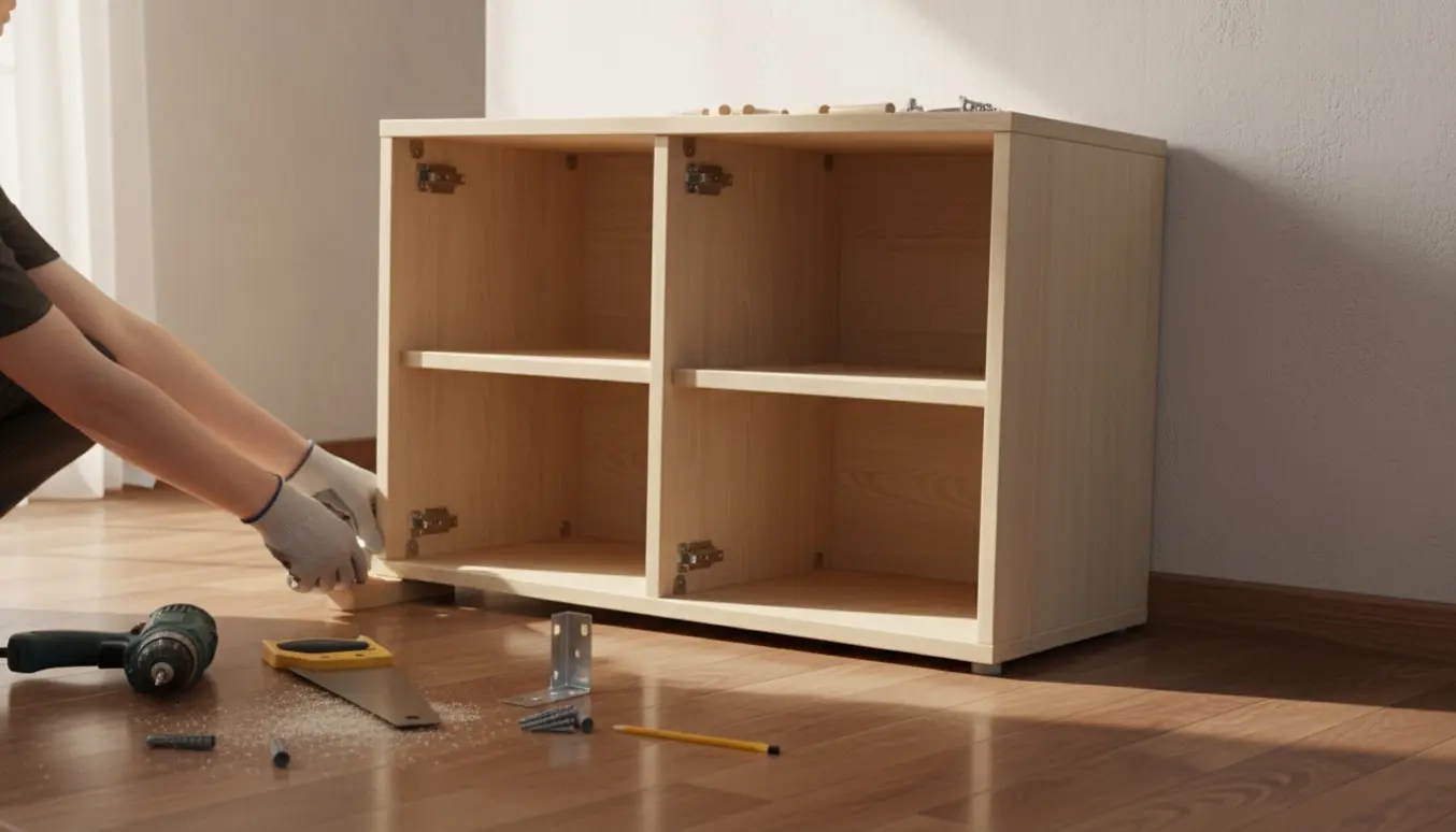 Et ustabilt samleskab fra Ikea med en træklods under, sav og slagboremaskine klar til vægmontering.