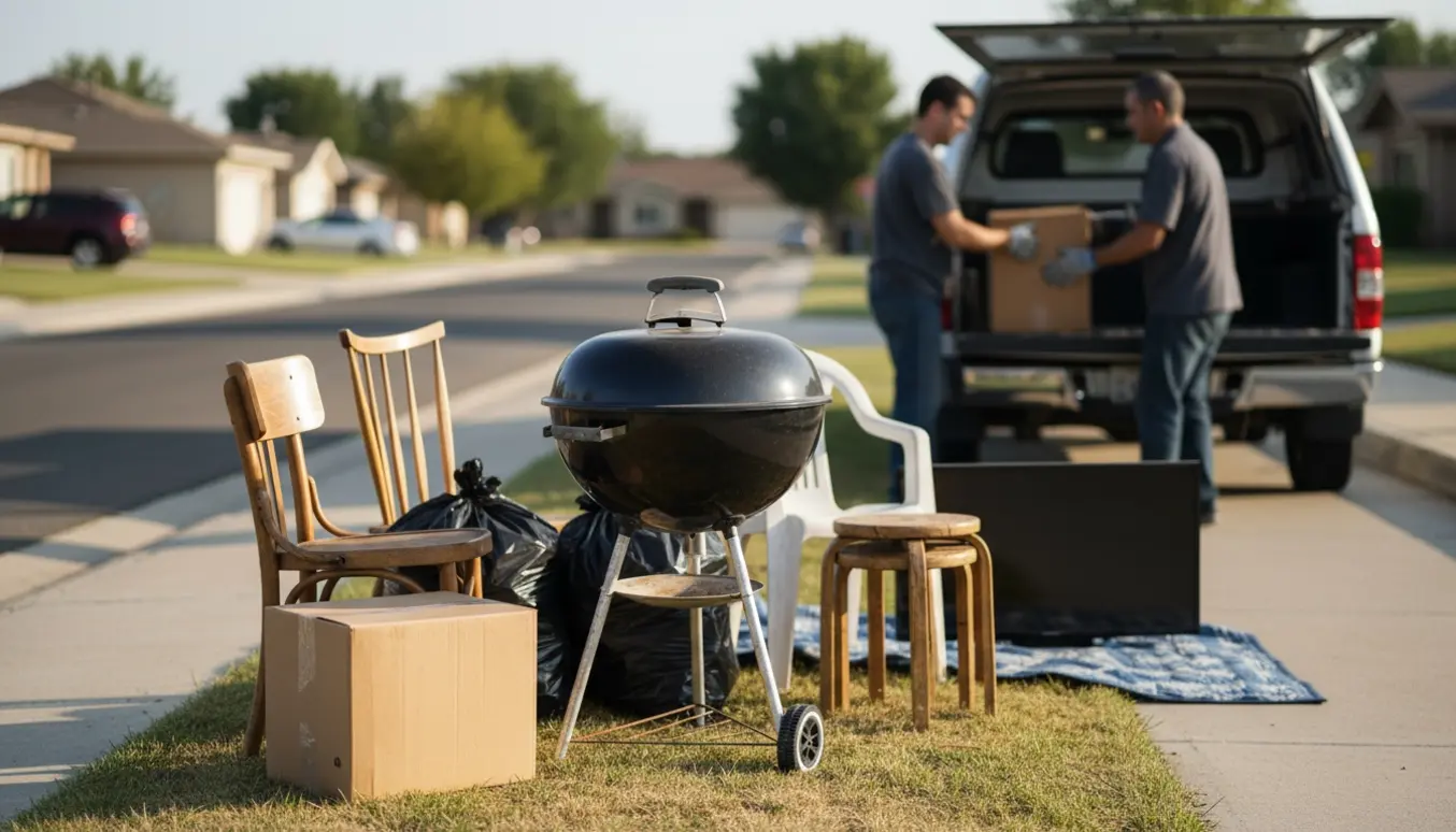 Genstande til storskrald samlet ved fortovet: grill, flyttekasse, stole, sække, fjernsyn og skamler.