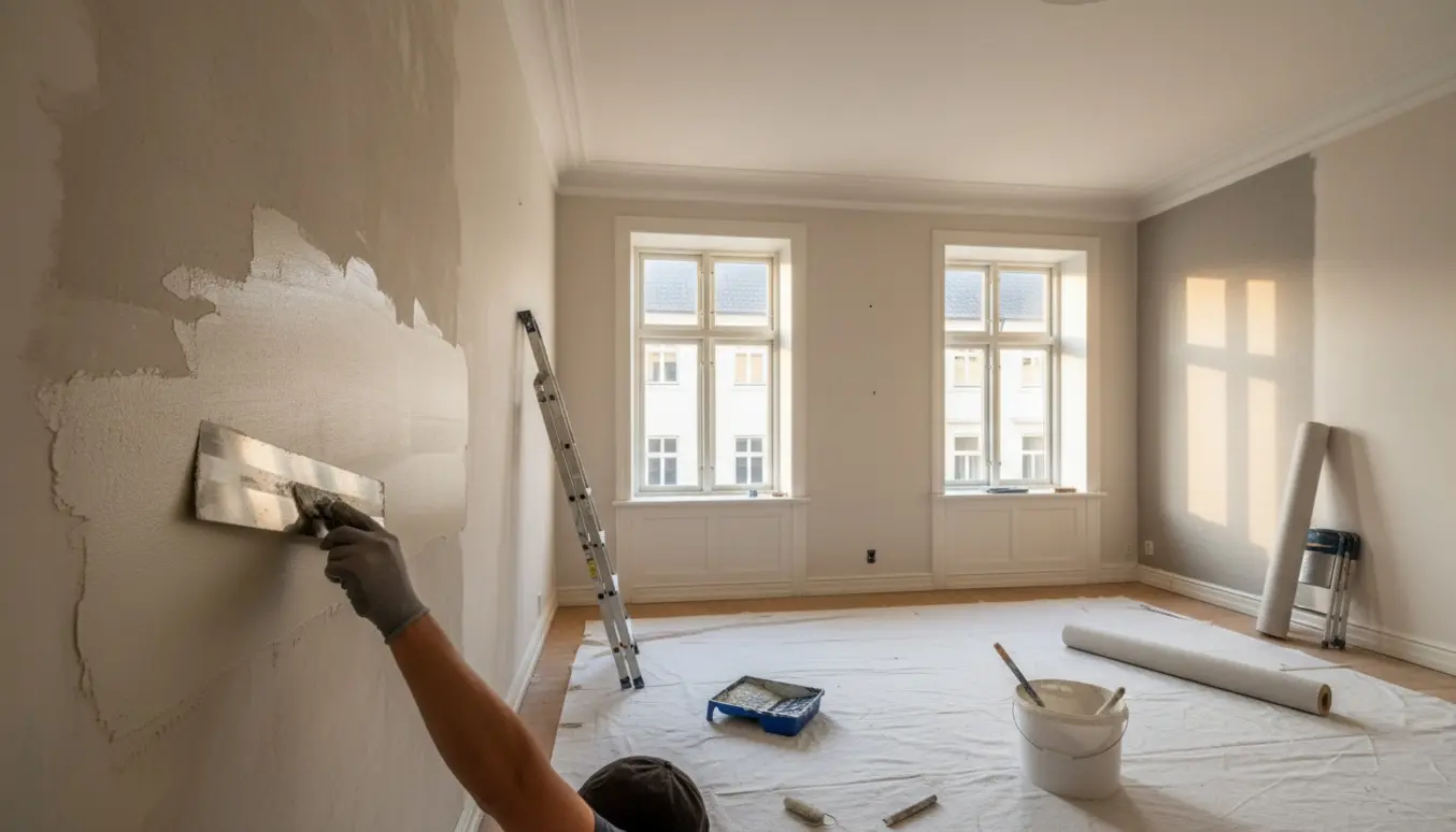 Lys Østerbro-lejlighed under renovering med spartlede vægge, væv og malerredskaber på dugen.