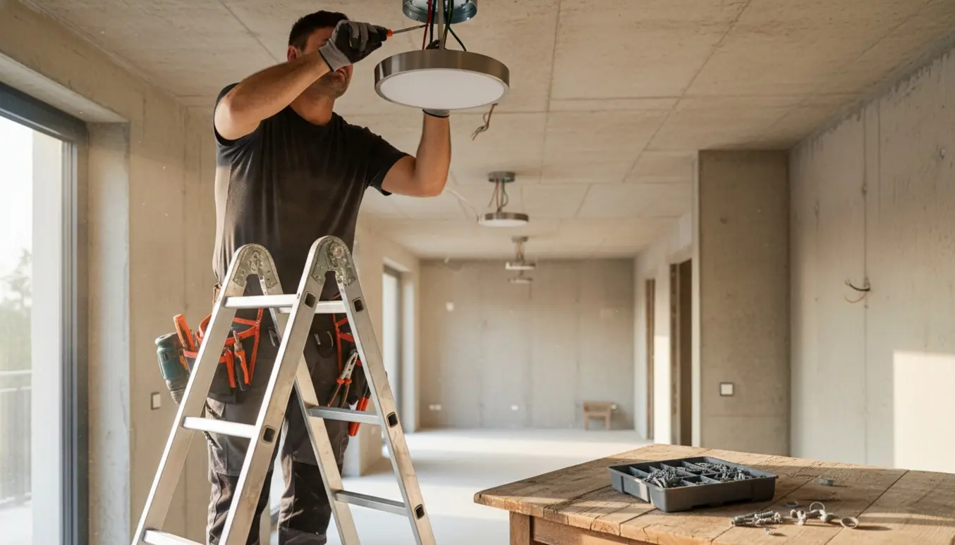 Hænder installerer en loftslampe i råt betonloft med værktøj og oplyste rum i baggrunden.
