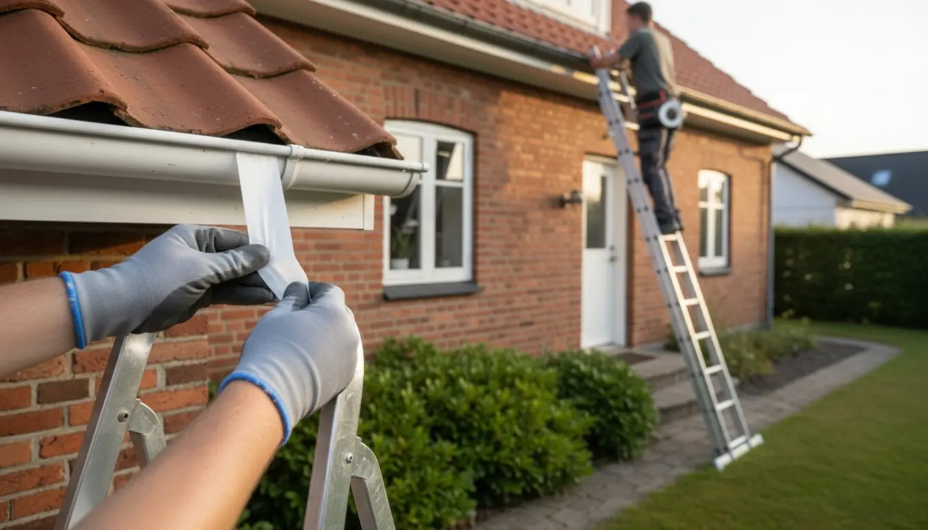 Reparation af to små huller i en hvid tagrende på en murermestervilla med handsker og stiger i varmt dagslys.