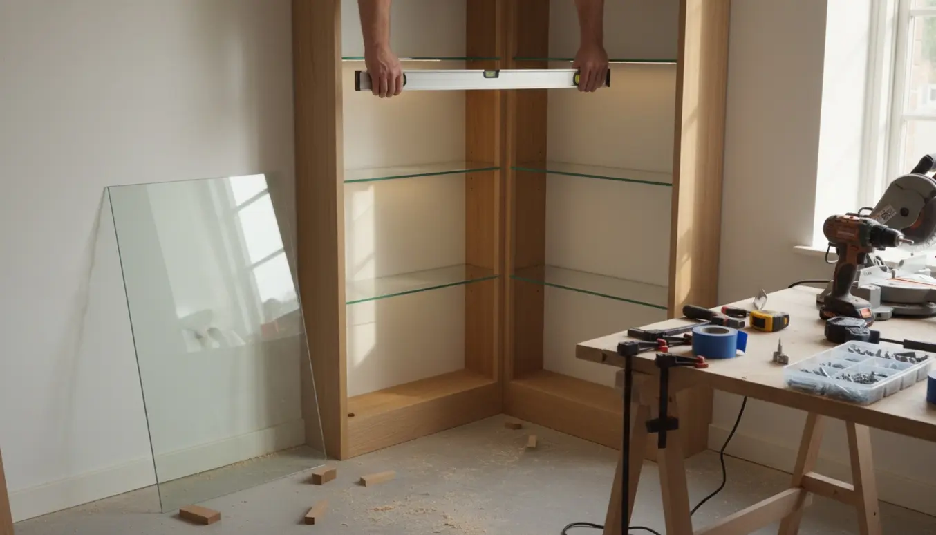 Håndværker monterer et indbygget vitrineskab i et hjørne med en lille vægbøjning, omgivet af værktøj og glasplader.