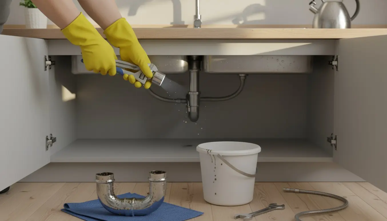 Åben underskab ved køkkenvask med fjernet P‑fælde og hånd i gummihandske ved afløbet.