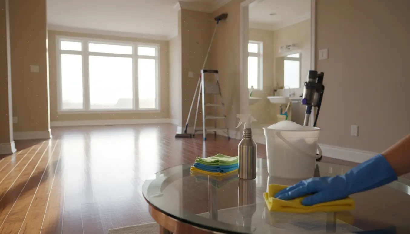 Professionel foretager grundig rengøring i et lyst, rummeligt hus med klud, spand og støvsuger.