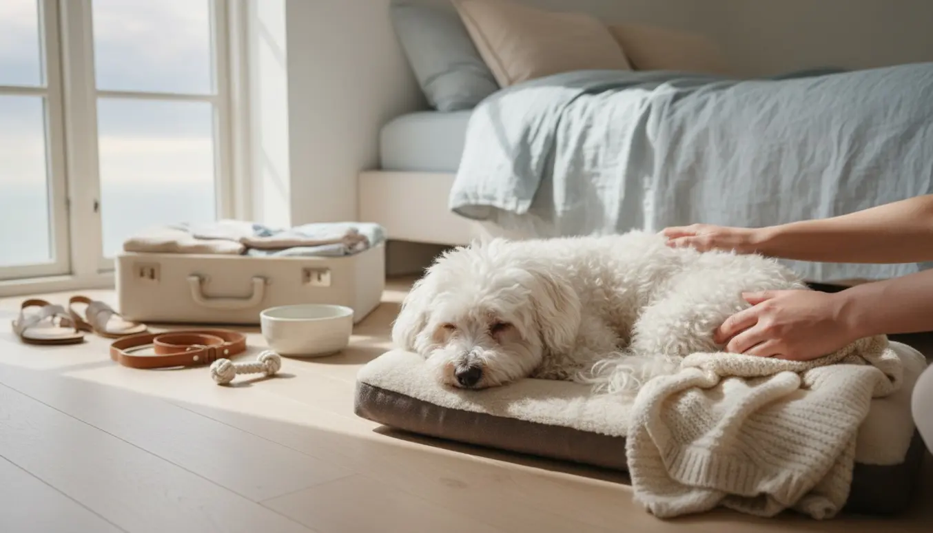 Bichon Havanese ligger roligt i en lys, hyggelig dansk stue ved siden af en åben kuffert, mens en passer rører ved hendes tæppe.