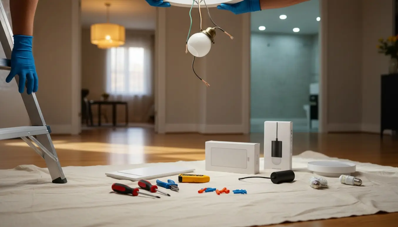 En hånd tager en ny LED-loftlampe på en stige med værktøj og flere nye armaturer klar i forskellige rum.