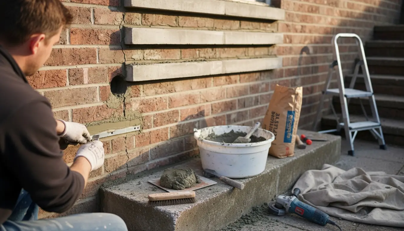 Hænder reparerer murstensfuger og overligger ved en trappe med mørtel og værktøj.
