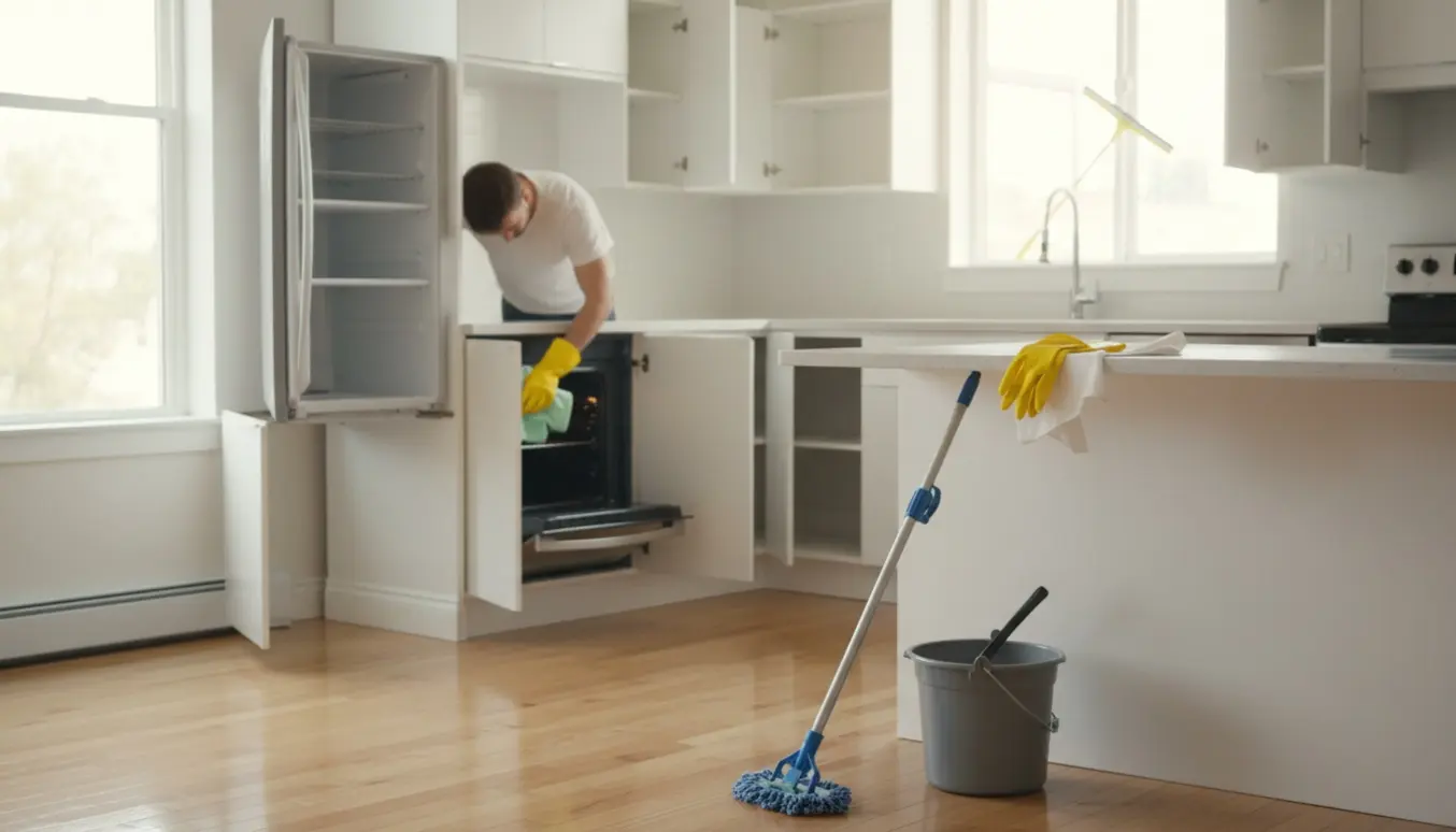 Tom, lys lejlighed under flytterengøring med moppe, handsker, åben ovn og pudset vindue.