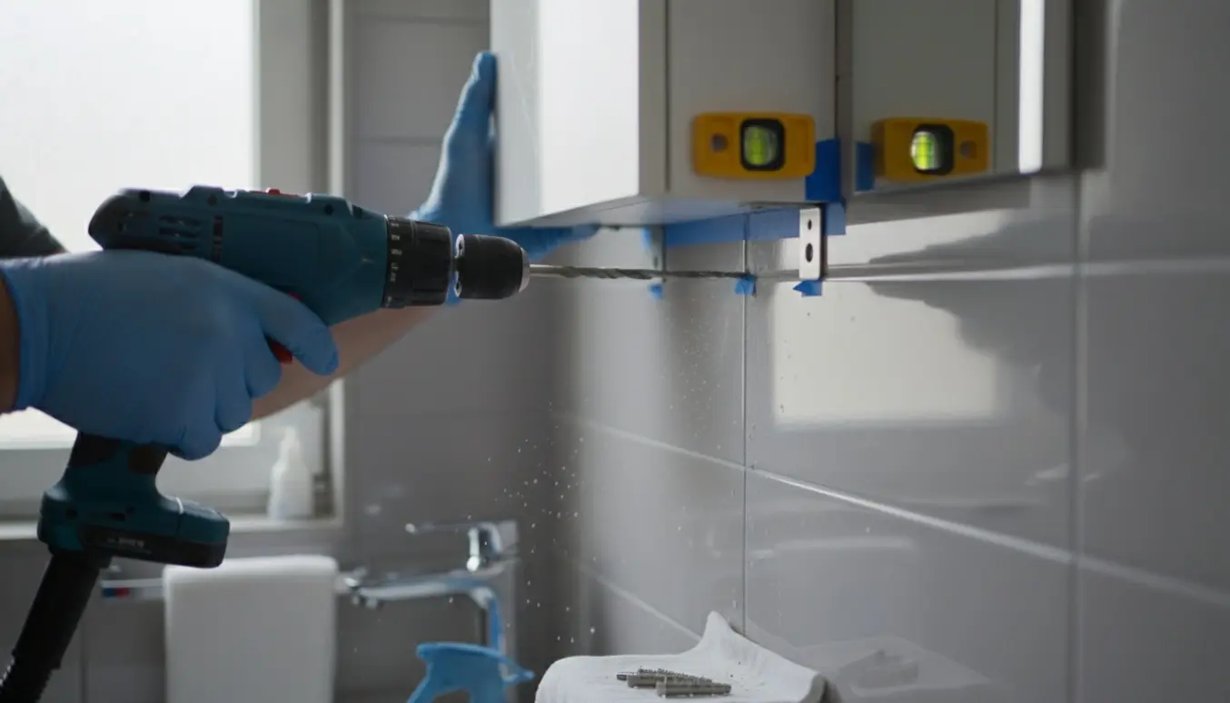 Hænder borer mellem badeværelsesfliser med et diamantbor for at montere et lille toiletskab.