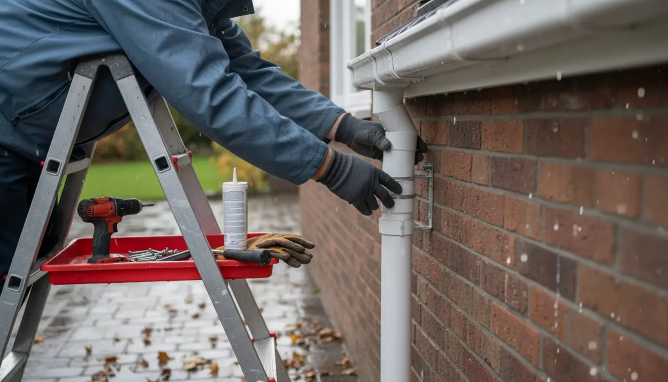 En person på en stige genmonterer et nedløbsrør på en våd ydervæg efter en storm.
