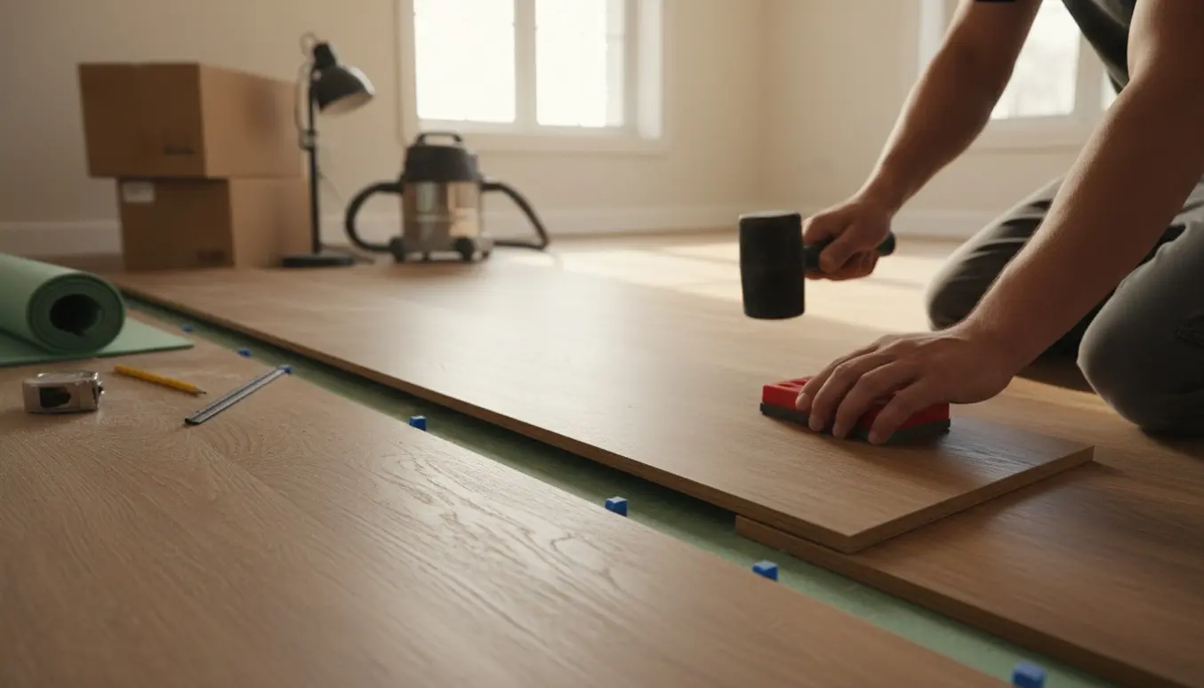 Nærbillede af installation af nyt trægulv i et lyst rum med planker, værktøj og stabler af gulvpakker.