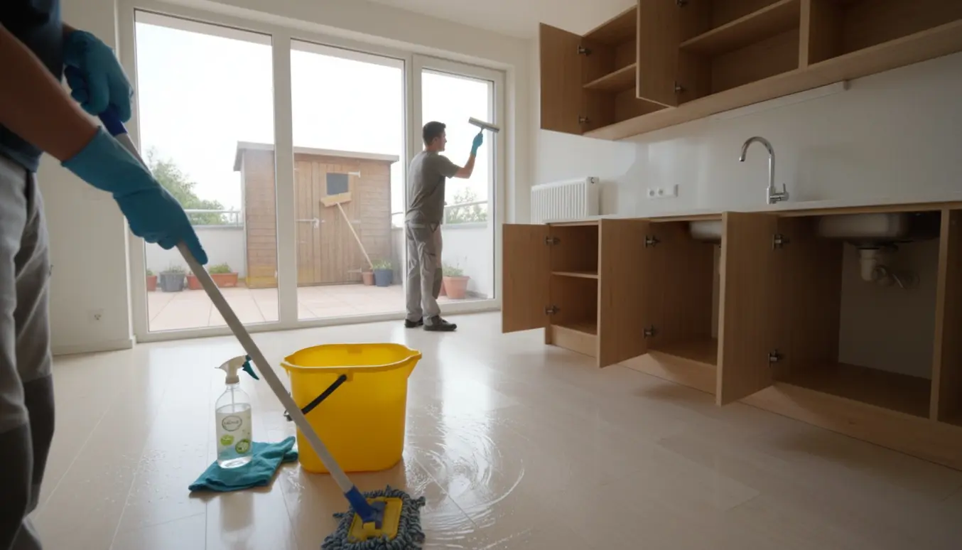 Flytterengøring i en lille lejlighed med vasket gulv, rene vinduer, åbne skabe og udhus hvor der fejes spindelvæv.