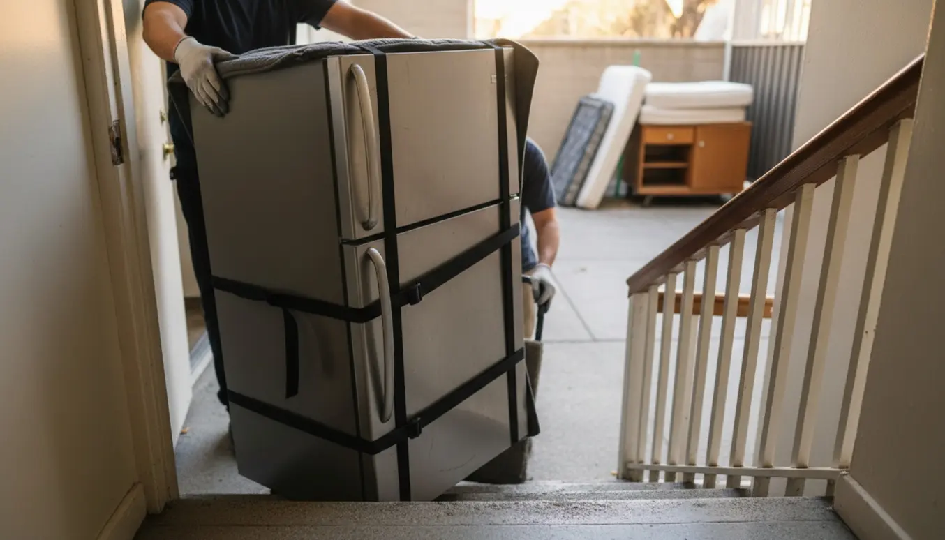 To personer bærer et køle/fryseskab ud af en lejlighed mod storskraldsområdet.