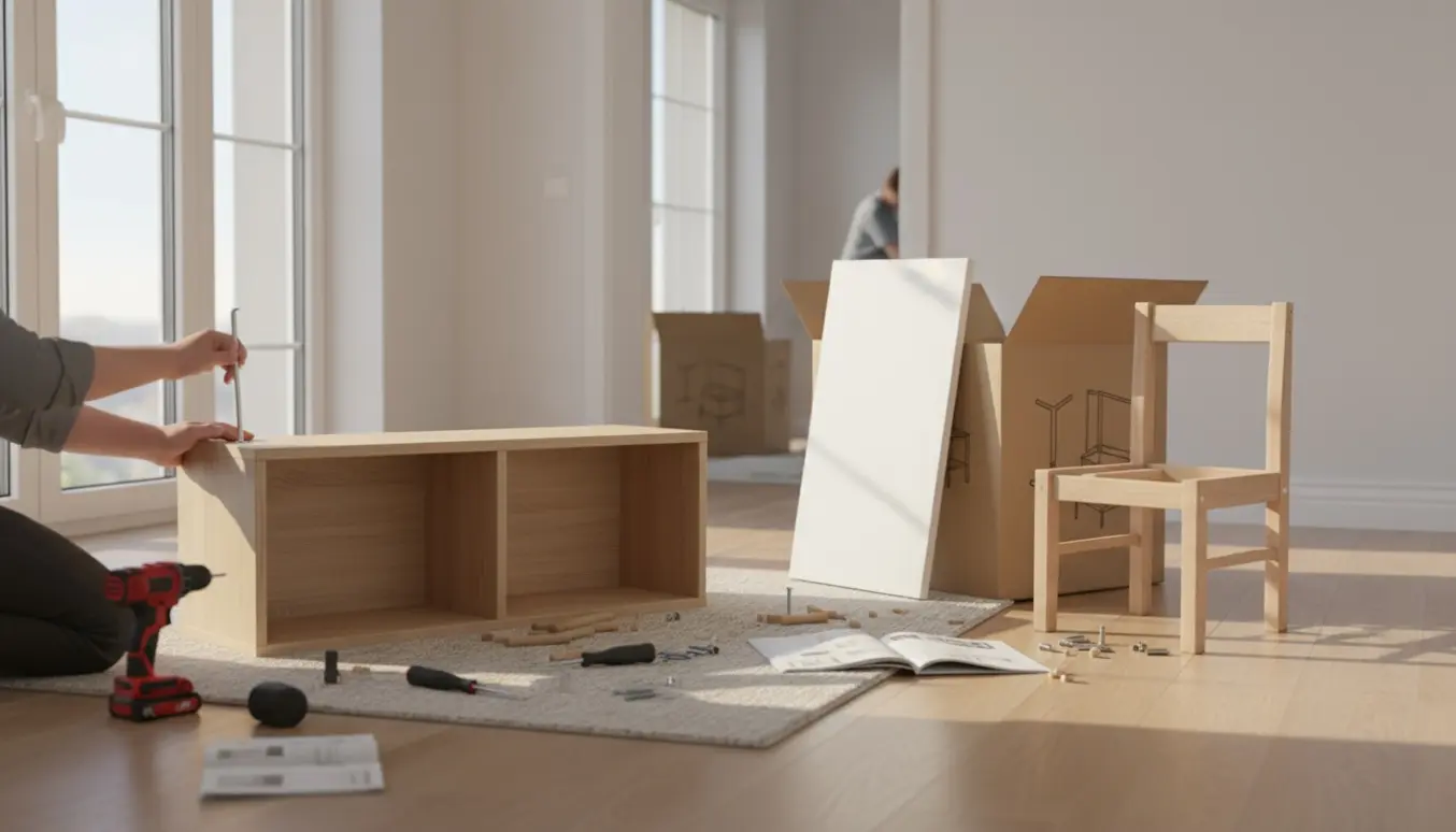 Hænder samler fladpakket møbel i en lys, nyrenoveret stue med værktøj og hardware spredt omkring.