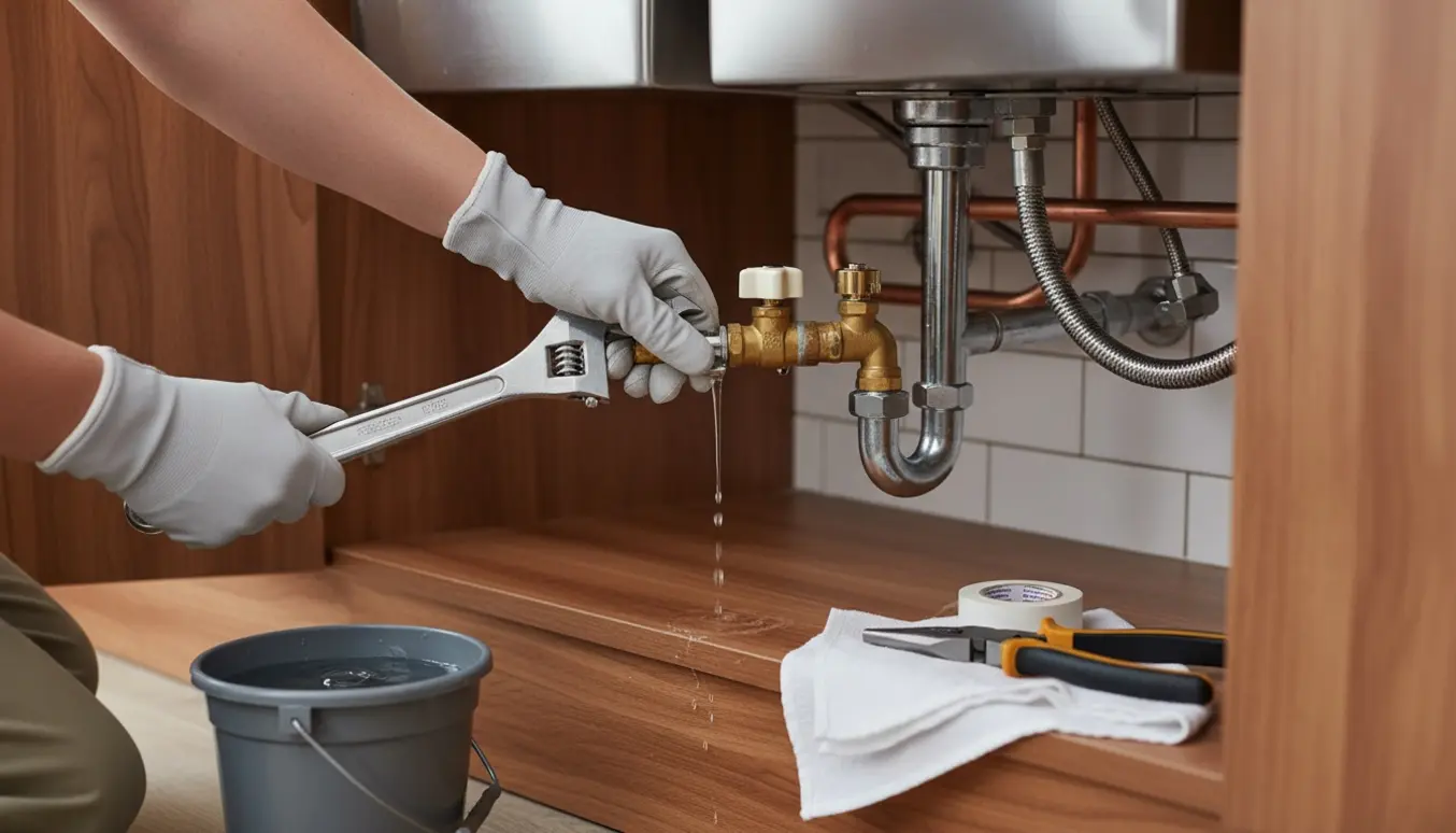Hænder udskifter en dobbelt stopventil under køkkenvasken med værktøj og en ny messingventil.