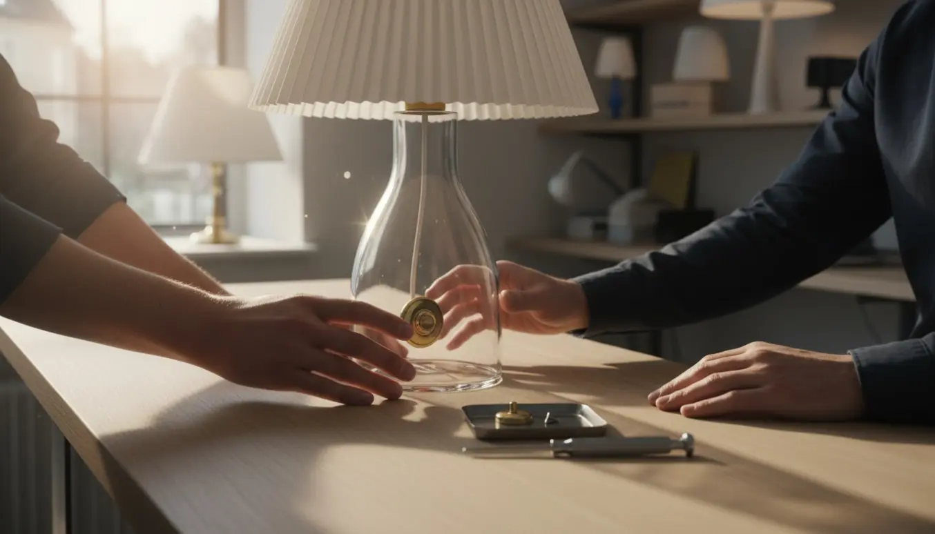 Le Klint glas bordlampe med løs afbryder på reparationsskranke, håndværker undersøger kontakten.