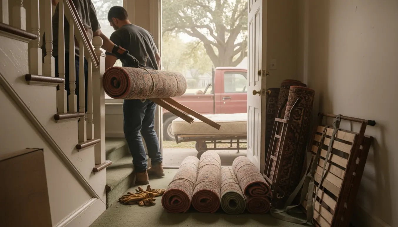 Gamle gulvtæpper, træ og møbler bæres ned ad trappen og læsses ved en varevogn til storskrald.