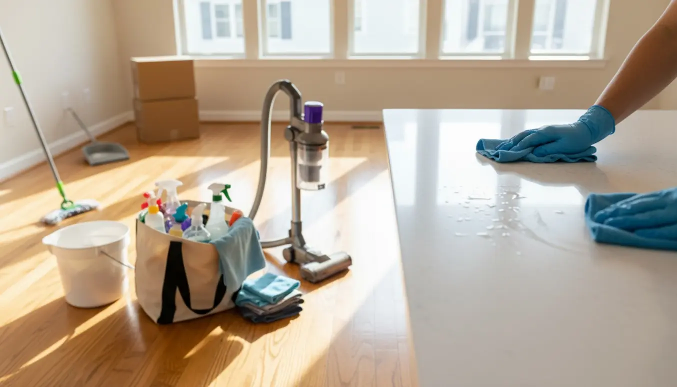 Rengøringshjælper i handsker tørrer en køkkenbordplade af med mikrofiberklud, mens støvsuger, spand, moppe og rengøringsmidler står klar i et lyst hjem.