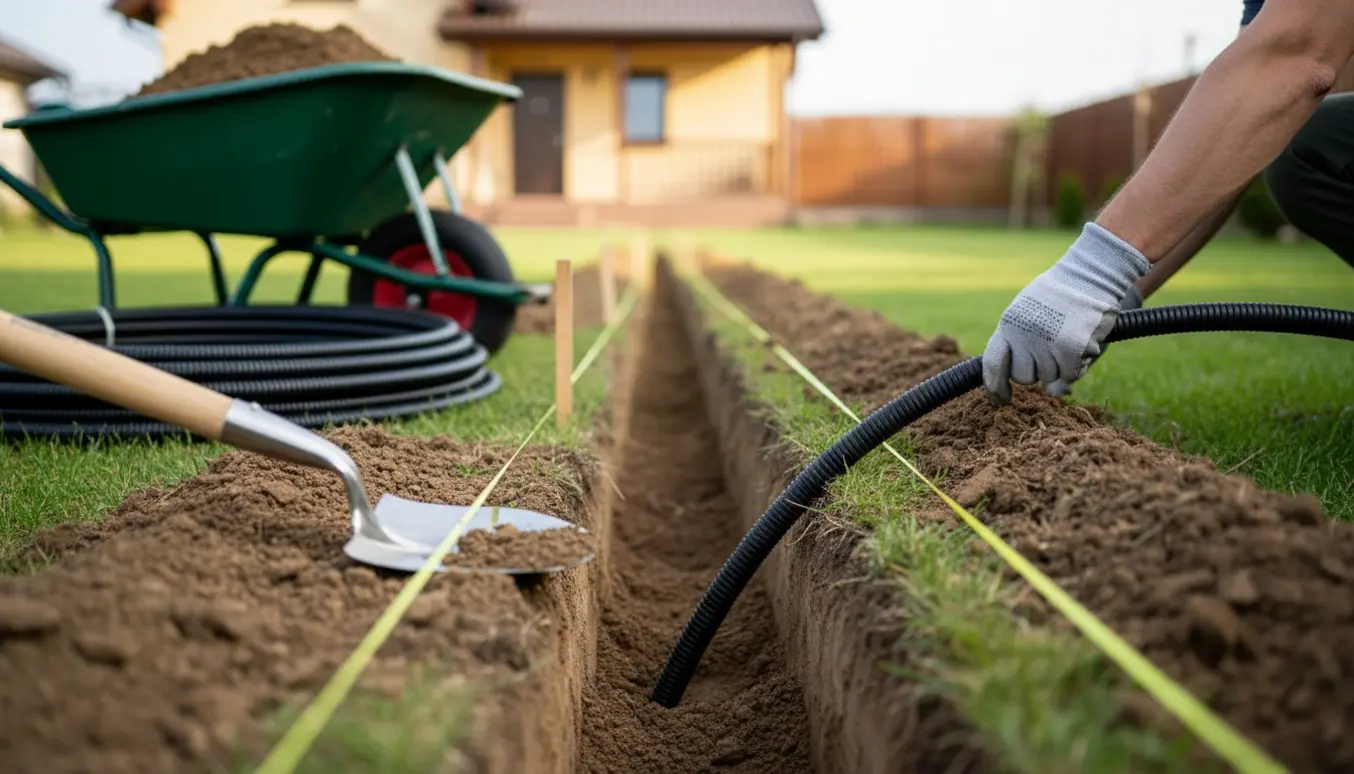 Lang havegrøft til el-kabel med skovl, kabelkanal og opfyldt jord.