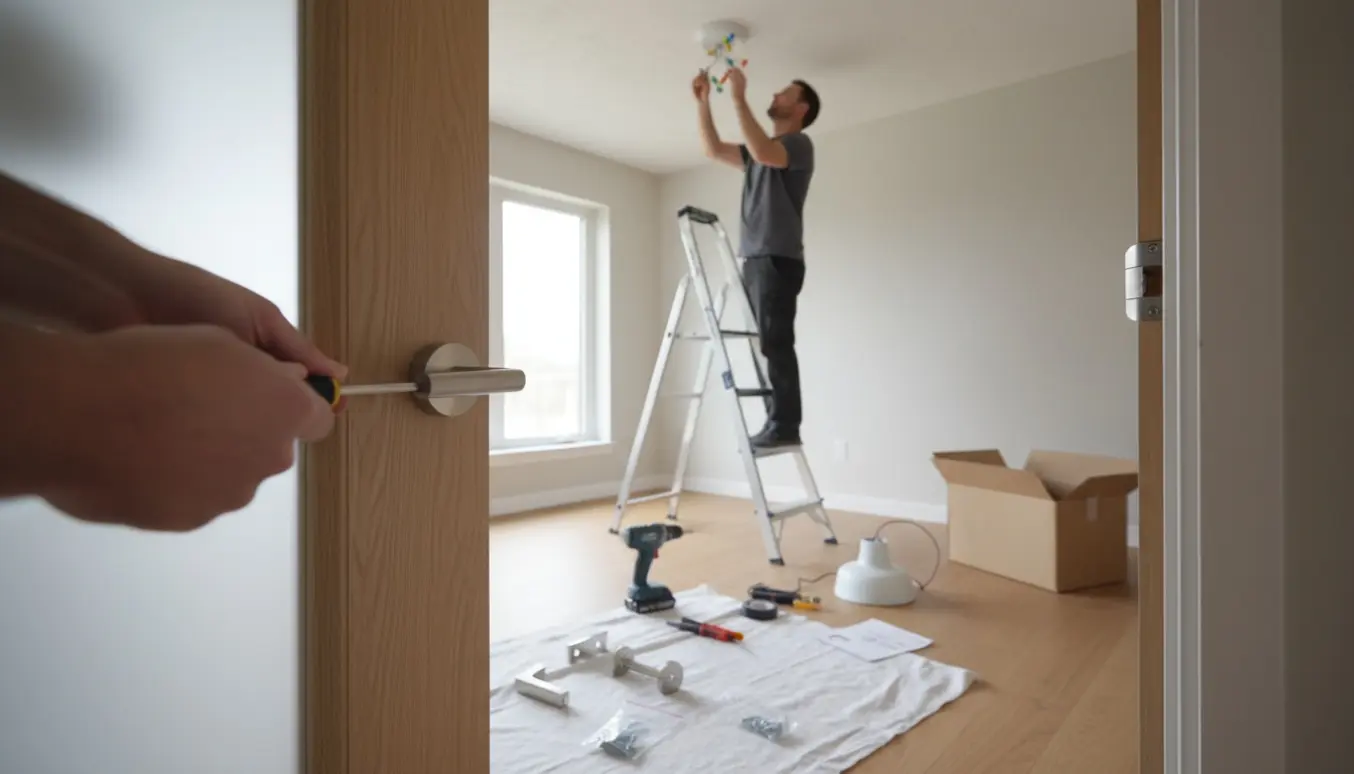 Hænder monterer et dørhåndtag, mens en person på en stige forbinder en loftslampe med værktøj og reservedele ved siden af.
