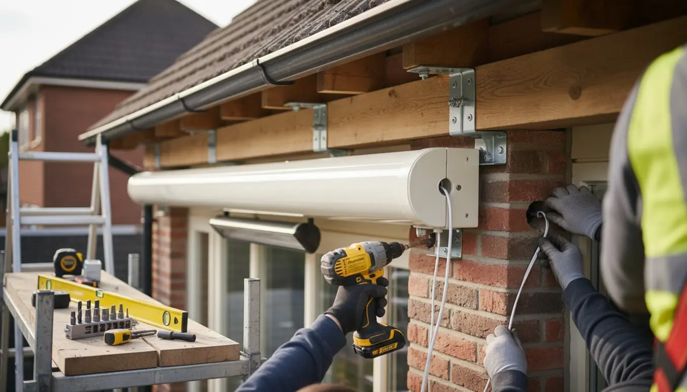 Montage af cremehvid lukket markise under udhæng med kabeltræk gennem mur og varmelampe.