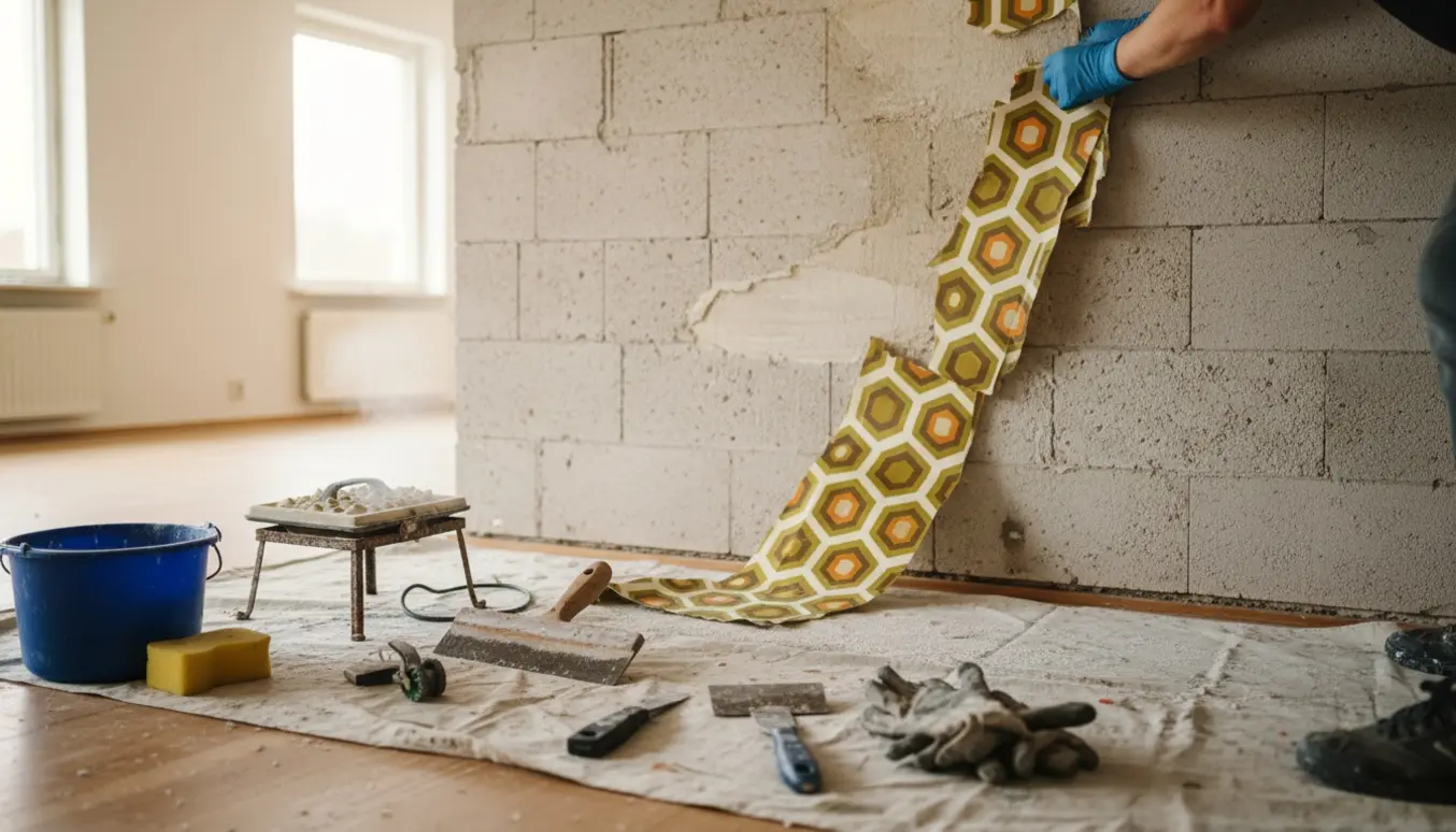 Hænder fjerner gammelt tapet og afslører gasbetonvæg i et 70'er-hus.