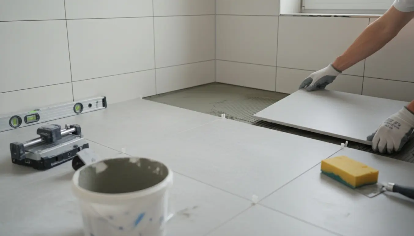 Lyst badeværelse med præcist opsatte væg- og gulvfliser, synlige flisespacere og værktøj.