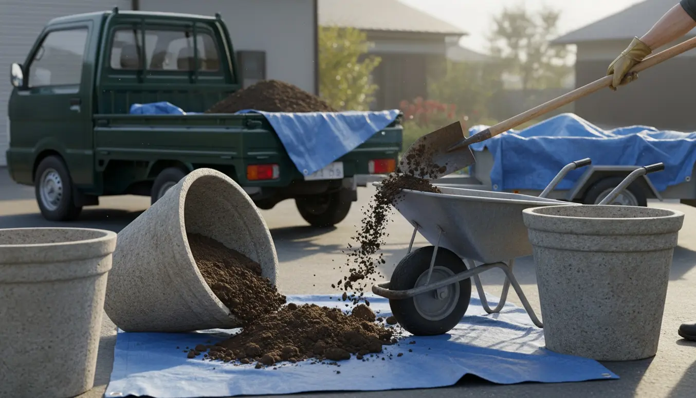 To store tømmes for jord, jord skovles i en trillebør ved en trailer klar til at køre til lossepladsen.