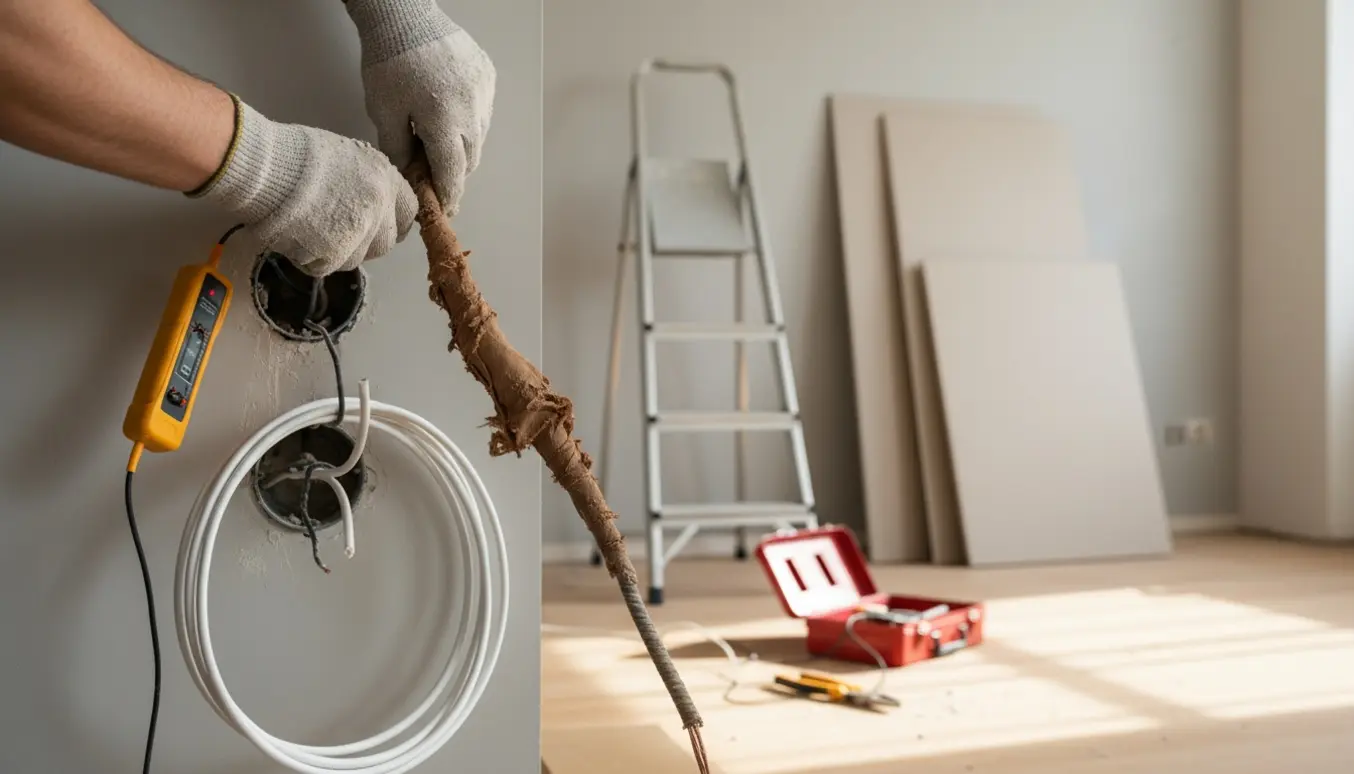 Hænder med isolerede handsker udskifter gamle stofledninger i en andelslejlighed med nyt plastisoleret kabel og værktøj i et ryddeligt renoveringsmiljø.