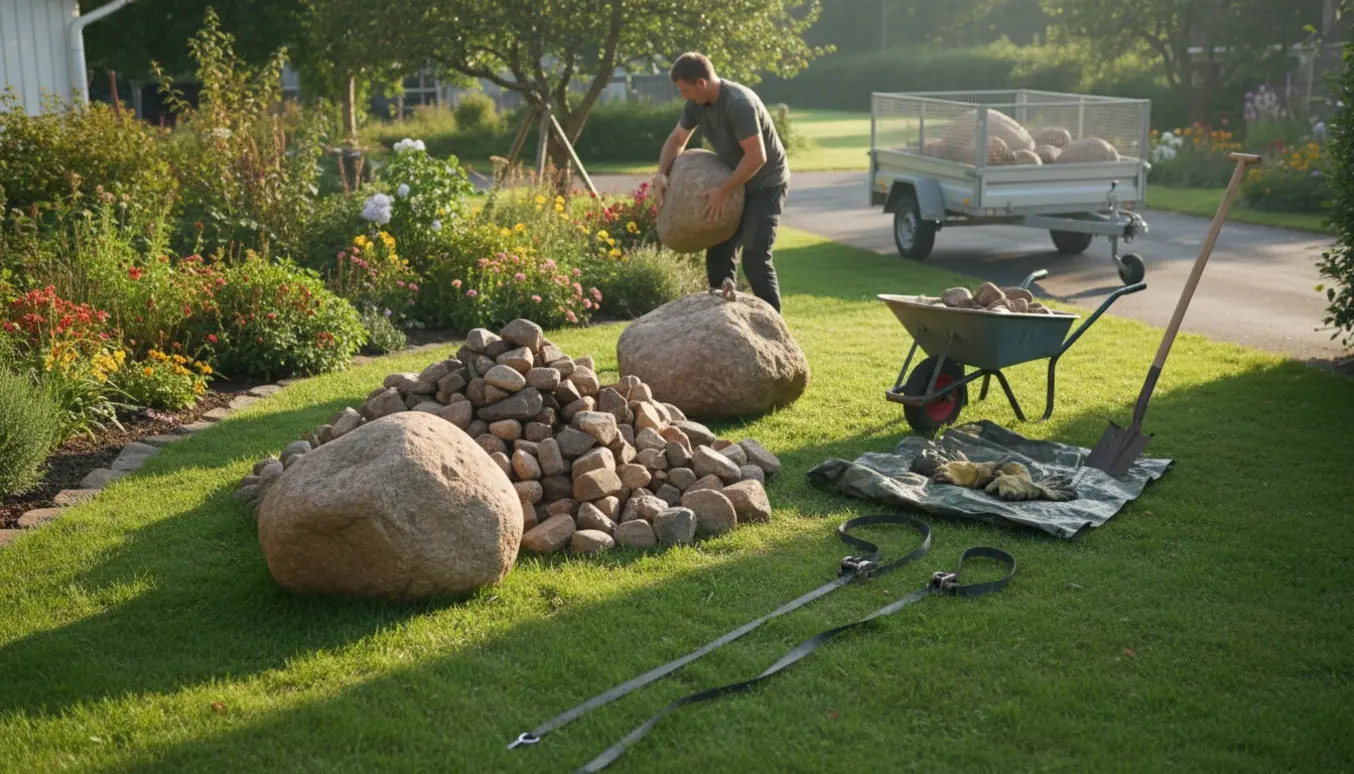 Bunke have-sten med to store kampesten, trillebør og redskaber i en solrig have.